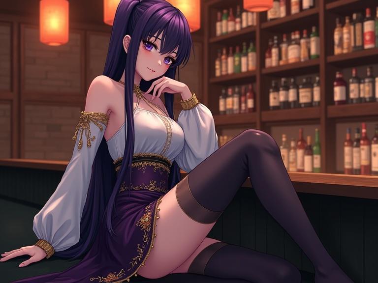 semi-anime character with dark violet hair wearing white and purple outfit. Sitting on a dark surface with one leg crossed and elbow resting. Background features dimly lit bar with alcohol bottles and lanterns. Highly detailed digital art