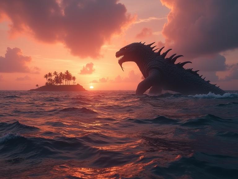 A hyperrealistic ocean scene features warm orange and purple hues at sunset. A tropical island is distant, silhouetted against the sky. A large sea monster emerges, showing tentacles and back. The atmosphere is serene yet ominous with soft lighting.