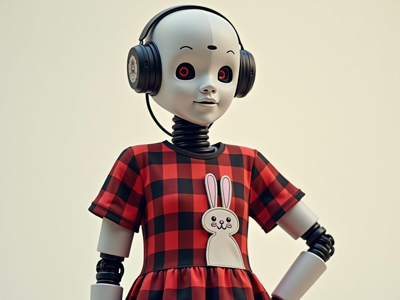 Create a 1:1 square image featuring a humanoid robot on the left side, wearing a red and black checked dress adorned with a bunny character on the front, similar to the outfit shown on the right side of the original picture. The robot should be styled in a way that fits the dress, seamlessly blending the futuristic design with the casual garment. The background should be a solid color, like a soft pastel, to emphasize the robot and its attire, resembling a portrait of a model. Ensure the robot maintains its humanoid form and characteristics, while the outfit appears natural on it.