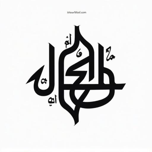 Design a logo in black and white using Arabic Kufi script. The logo features stylized text with elegant curves and geometric shapes. Focus on balance and symmetry in the composition.