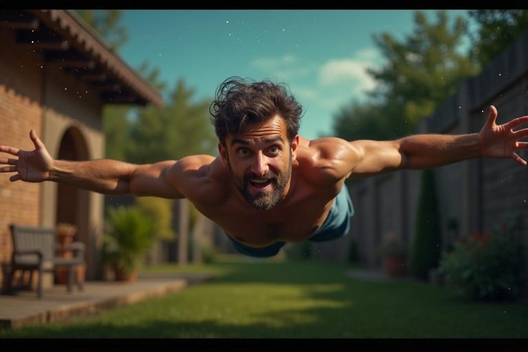 Man floating in the air with a look of surprise surrounded by golden light. Background shows his garden and starry sky.