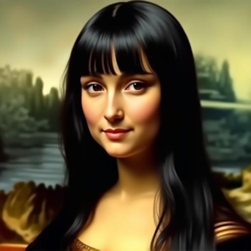 Hairstyle inspired by Mona Lisa with long black hair and gentle waves. Bangs veil forehead. Smooth silky texture reflects light. Natural elegant flow. Neatly trimmed nape with refined appearance. Soft shadows and highlights add depth to oil painting texture with digital smoothness.