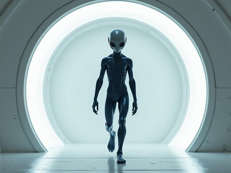 Photo realistic grey alien in dark blue sci fi bodysuit walking in sleek white UFO interior. Detailed textures shadows soft reflection visible.