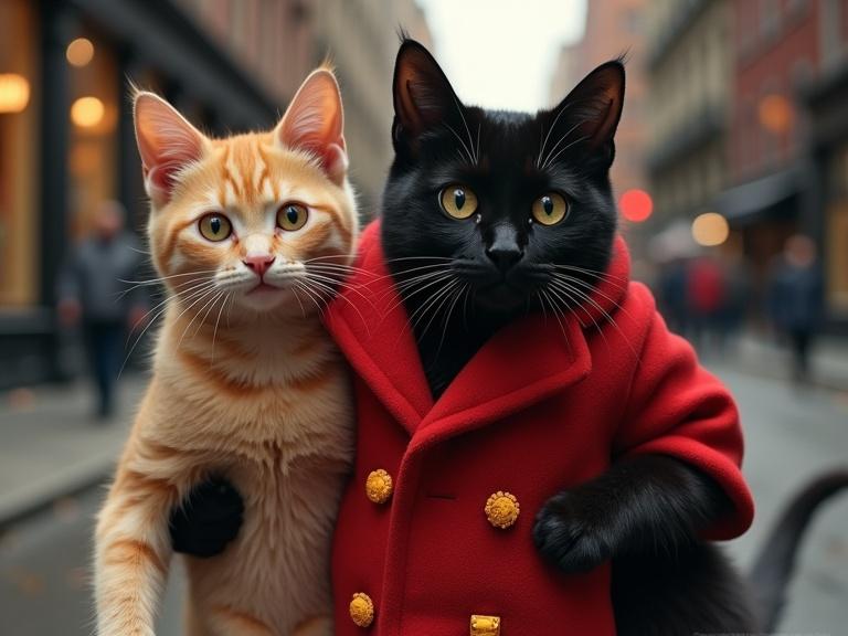 Two cats stand close together in a New York street. One cat is orange with a casual pose. The other cat is black wearing a red coat with a playful expression. Background shows urban buildings blurred. These cats represent a trendy urban pet culture.
