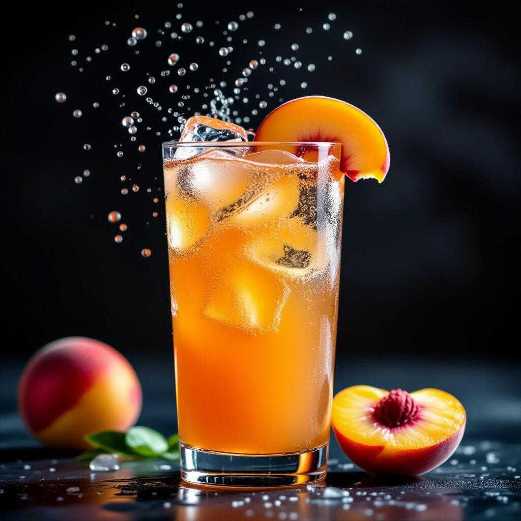 Professional studio shot of peach sparkling drink in transparent tall glass. Drink has peach syrup at the bottom, soda above. Juicy peach half on top of the glass. Background is deep charcoal or slate. Sharp back right lighting creates glossy highlight and shadows. Suitable for advertising or digital menus.