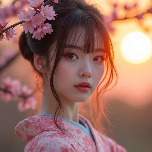 Photo of a Japanese woman wearing a floral kimono. Softly blurred sakura branches in the background. Focus on her eyes from the waist up. Blurred foreground and background with a shallow depth of field. Sunlight of sunset in the background. Cute expression. Fantasy style with historical Japanese influence.
