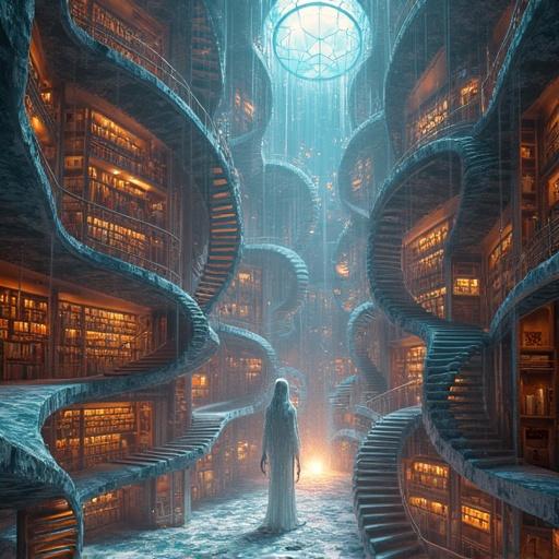 Digital artwork of a cosmic library depicting temporal collapse with impossible architecture. Staircases fold into themselves. Crystalline bookshelves spiral upward. Bioluminescent equations float in light. An ethereal librarian stands at the center, with arms reaching across dimensions. The scene is illuminated by a miniature supernova. Books and scrolls hover with turning pages.