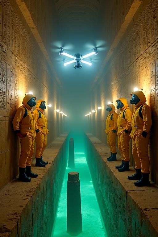 Long corridor of ancient tomb shows walls with Egyptian hieroglyphs. Five figures in yellow protective suits stand along the corridor. A quadcopter hovers at the center. Green liquid below is mysterious. Stone structures resemble columns or obelisks.