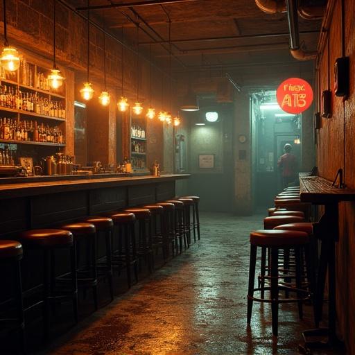 A bar with a dystopian theme. Inspired by Fallout game style. Dark interior with warm lighting. Bar stools line the counter. Dimly lit background with a distant figure. Industrial elements visible.