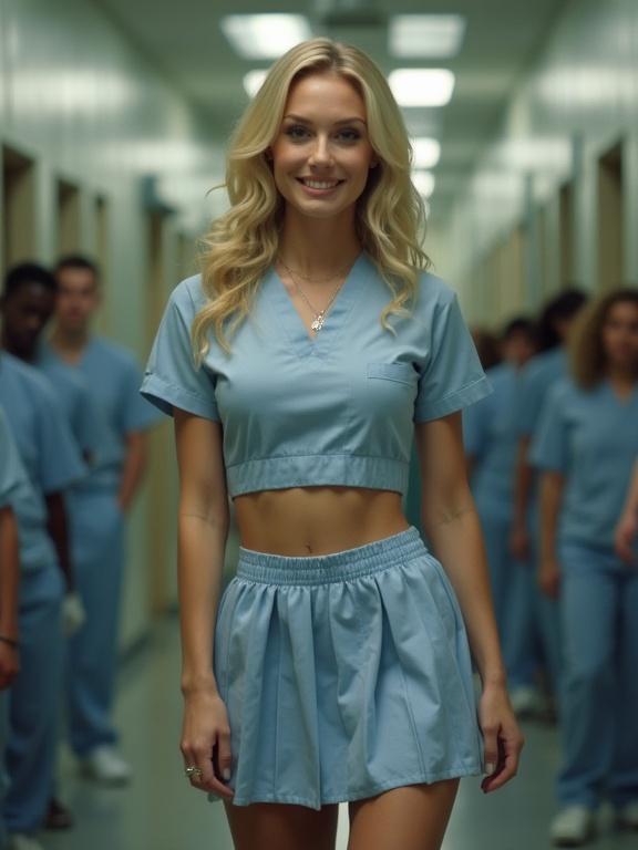 Nurse wearing a crop top and a mini pleated skirt. Beautiful blonde woman standing confidently. Brightly lit hallway with prison inmates in the background. Emphasis on fashion in a healthcare context. Smile adds to her charm.