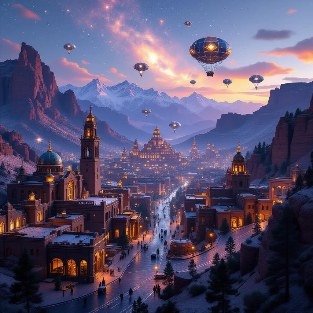 Close drone shot of a capital city downtown. Mystical society located in mountains and valleys at dawn. Show gorgeous architecture including 3D-printed structures, rod-iron towers, stone buildings, Pueblo Revival buildings, and Fachwerkhäuser. Include sparse alien tech like mystical-looking blimps, hot-air balloons, alien flying caravans, and flying hexagon forts. Scene engulfed in a magical looking nebula.