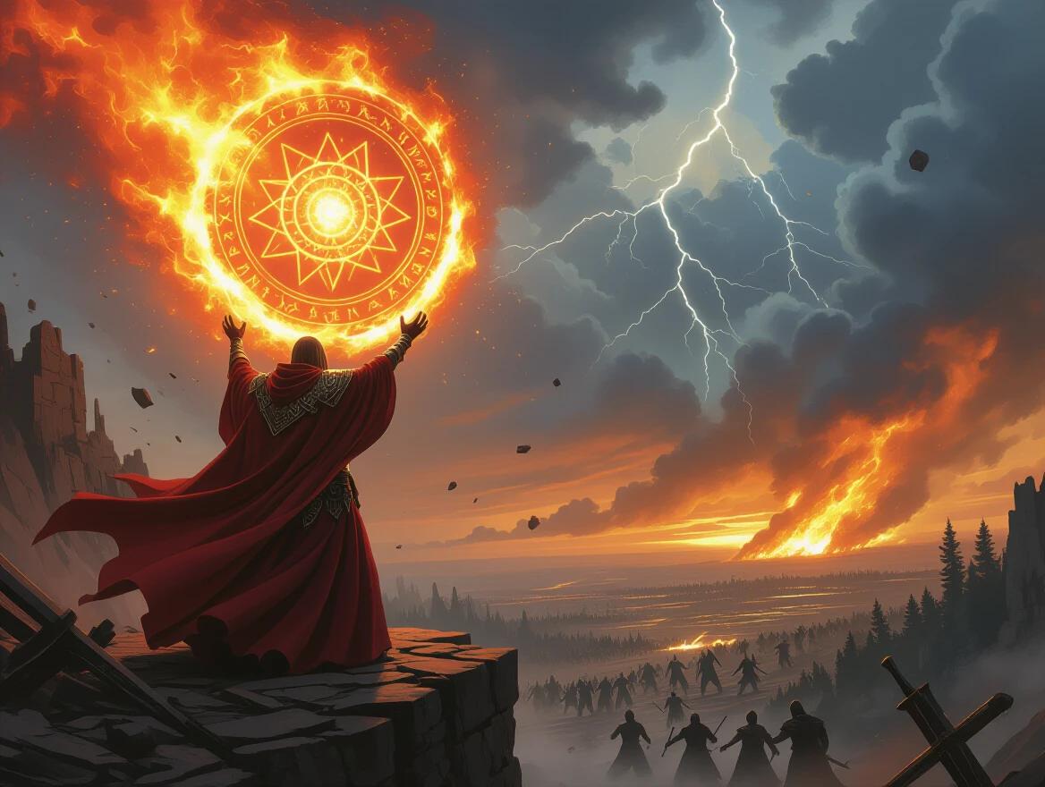 Battle-scarred archmage with crimson robes on a ruined cliff edge. Summoning a colossal firestorm skyward. Magic circle spinning above. Weapons and debris levitating. War-torn forest background. Armies clashing under stormy clouds. Dramatic lighting and composition. Dark fantasy art.