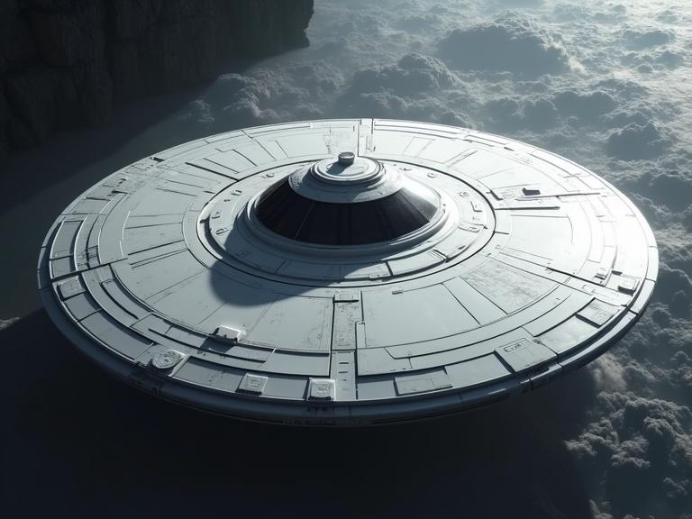 A large circular UFO base floating in space above the clouds. The base is sleek and white with detailed textures. It is focused on realism with dramatic shadows. The image captures the essence of science fiction.