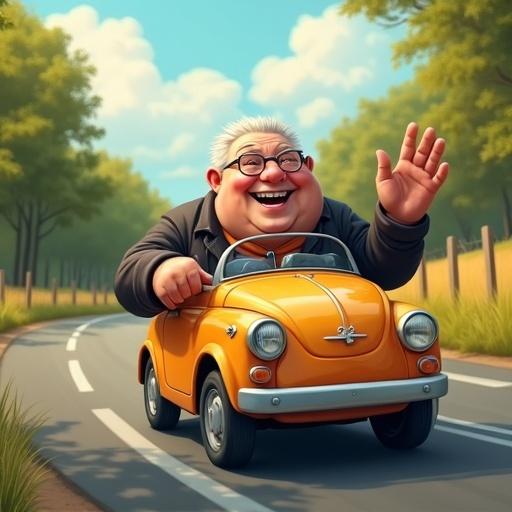 A joyful elderly man drives a small orange car on a winding road. He smiles and waves at the viewer.
