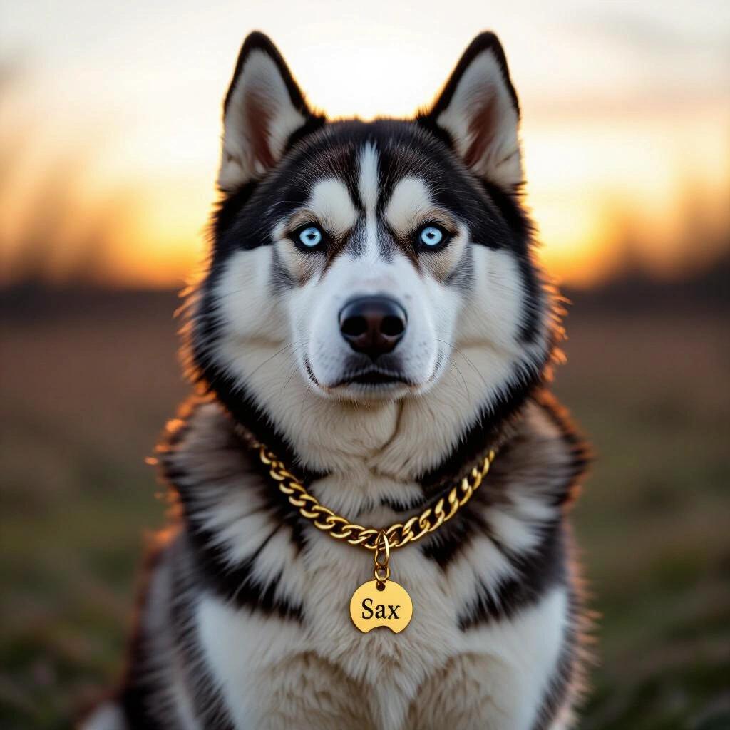 A portrait of a husky dog at sunset with a gold chain. The dog looks at the camera. The tag on the chain says SAX.