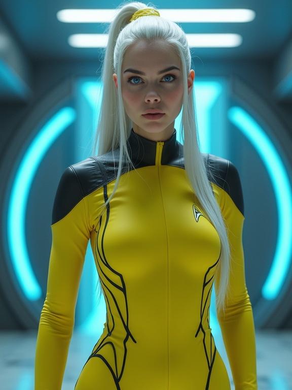 Hyperrealistic full body character in a futuristic setting. Character wears a tight yellow and black swimsuit inspired by sci-fi. Long white hair styled in a ponytail with striking blue eyes. Low-angle perspective and dramatic lighting create tension. Iconic emblem featured on attire. Background suggests a sci-fi theme with a teleporter effect.