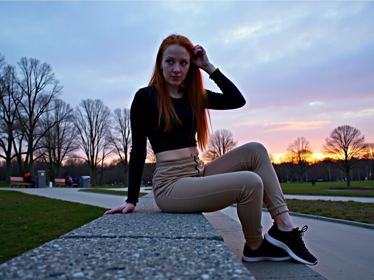 A person is sitting on a stone ledge in a park during sunset. The sky is a beautiful mix of blue and orange hues. The individual has long red hair and is wearing a black crop top with beige pants. They are wearing black athletic shoes and have one hand in their hair, looking away. In the background, there are bare trees and a pathway, suggesting early spring. Some people can be seen seated on benches in the distance.