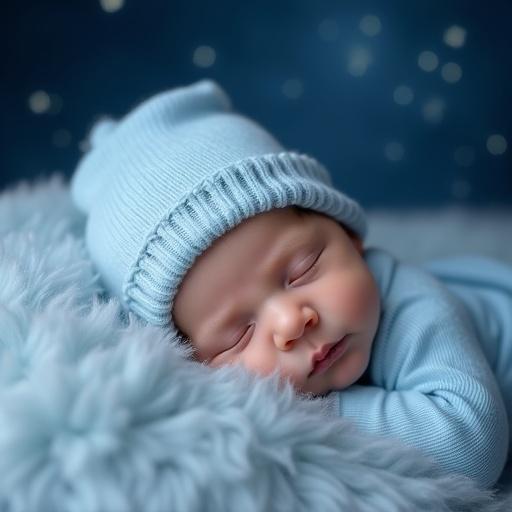 High-resolution image of sleeping baby dressed in blue onesie and knit cap on fluffy blanket. Gentle lighting highlights baby face. Dreamy background features starry night sky with twinkling stars. Soft blue color enhances calming effect.