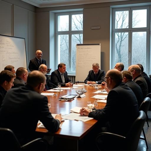 A candid documentary photo taken in a conference room. A meeting takes place with provincial mayors. The men are dressed in suits. Handwritten notes are visible on flipcharts. Winter light comes through streaked windows. A Fujifilm X-Pro3 camera is used to capture the scene.