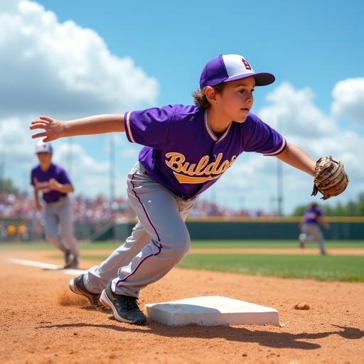 A sandy brown 13 year old baseball player in a purple and white uniform that says Bulldogs across the front with gray baseball pants skillfully sliding into a base in a stadium full of spectators captured under a vibrant blue sky with fluffy clouds