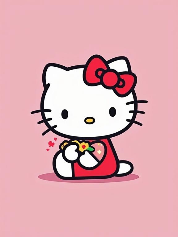 A cute white cat wears a red shirt and pink pants. The character has a big bow on its head and holds a bouquet of flowers. The background is pink, creating a playful atmosphere.