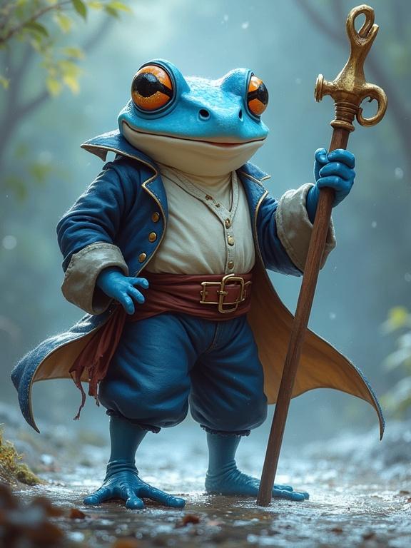 A humanoid blue frog stands in a dynamic pose. Character has a white jaw and wears pirate clothing. The frog appears smug with half-closed eyes. It holds a staff representing water magic. Art style is digital with soft brush strokes. Fantasy theme is present with medieval elements and flowing clothing.