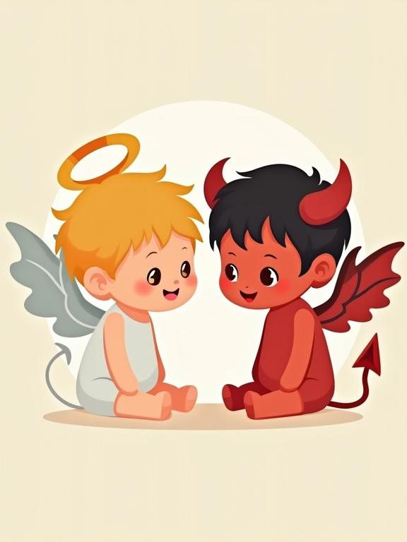 Cartoon depiction of an angel and a devil seated together. Angel has a halo and wings. Devil features horns and a pointed tail. Represents the theme of good versus evil with a cute twist.