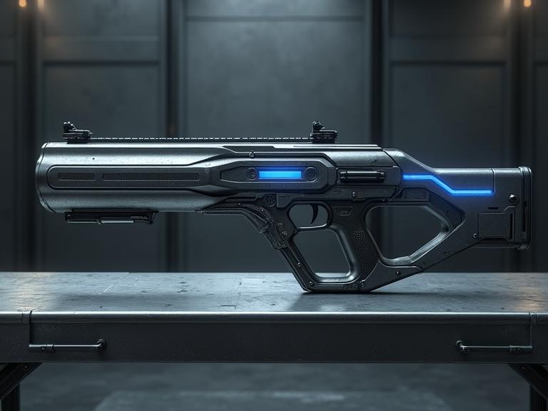 Image of a sci-fi energy grenade launcher. Bulk design with dark grey and silver colors. Blue LED display on the side, placed on a silver metal table. Specular reflections and textures visible. Room has a dark grey metallic look with top spotlight casting shadows.