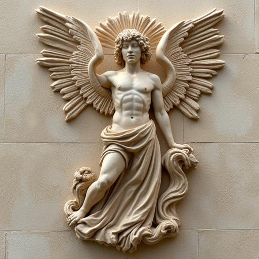 Fine detailing of a wall sculpture featuring an angelic figure with wings. The sculpture is intricately carved with a focus on realism and texture.