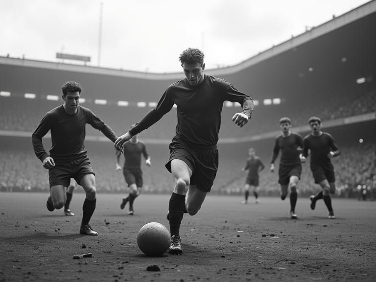 Digital image in black and white photography style showing a football match from the 1920s or 1930s in a dirt-pitch stadium. Players in classic long-sleeved shirts and shorts without logos or branding. Authentic leather football visible. Scene resembles historic match snapshot.