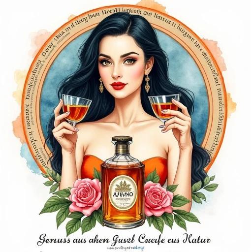 An ink and watercolor illustration features a female figure in her sixties. She has long dark hair and fair skin. She holds two glasses filled with amber herbal liqueur. The figure has striking facial features and ornate earrings. The background has a blue and orange watercolor design. A lower apothecary-style bottle labeled 'Alfruno' is in front of her with a logo. Pink roses and green foliage are around the bottle. The bottom has serf font text reading 'Genuss aus dem Garten der Natur - wild und besonders'. The composition is symmetrical and luxurious.