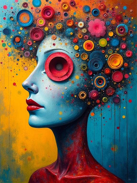 Colorful abstract art depicting a silhouette with a vibrant floral explosion. The artwork features bold colors. Swirls and spirals dominate the upper area. The background includes shades of yellow and blue. The dynamic shapes suggest movement and creativity.