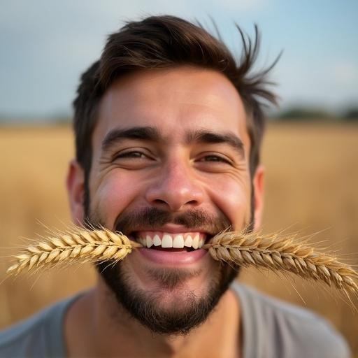Image of a smiling man holding two wheat ears in his mouth. Natural setting with fields in background during daylight.