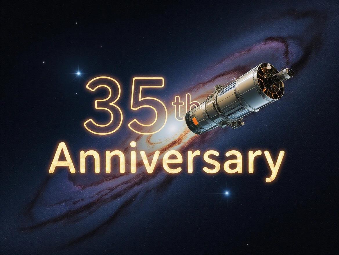 A space telescope in space with 35th anniversary text in glowing colors. The background features space and stars in realism style.
