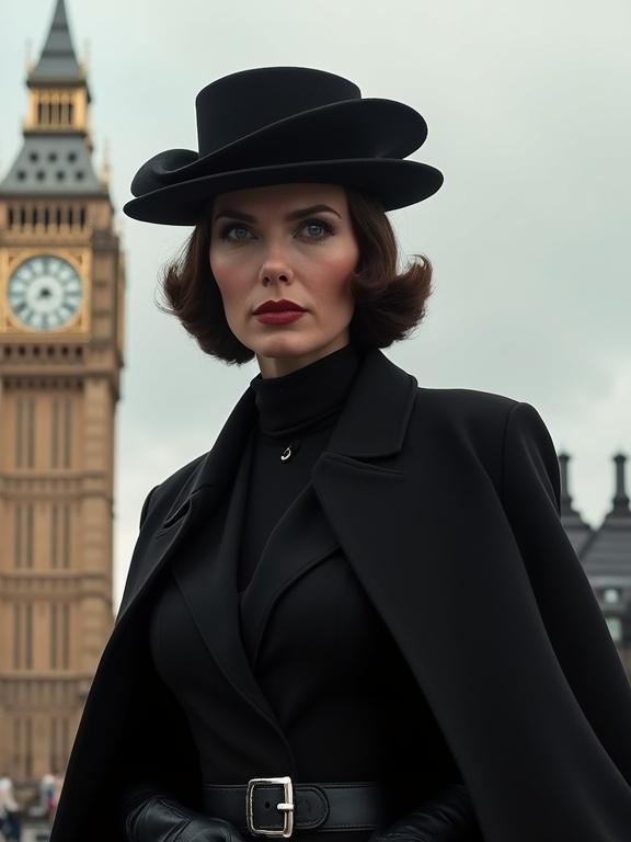 Image depicts a woman in a black leather outfit with a wide-brimmed black hat. She is posing against the backdrop of Big Ben. The setting suggests a dramatic spy theme.