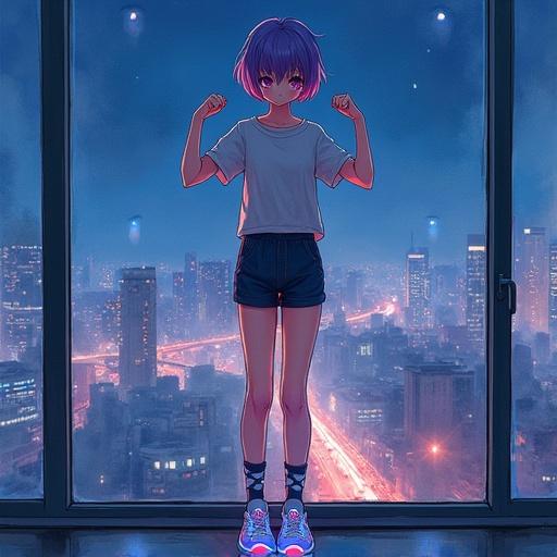 Watercolor painting of a young woman with short violet hair standing with crossed legs flexing muscles. She wears a short slim blouse and sport shorts, platform sneakers with glowing LED stripe, and knee socks. Background shows a night city view through a wall-sized window. Lighting is dim and cinematic.