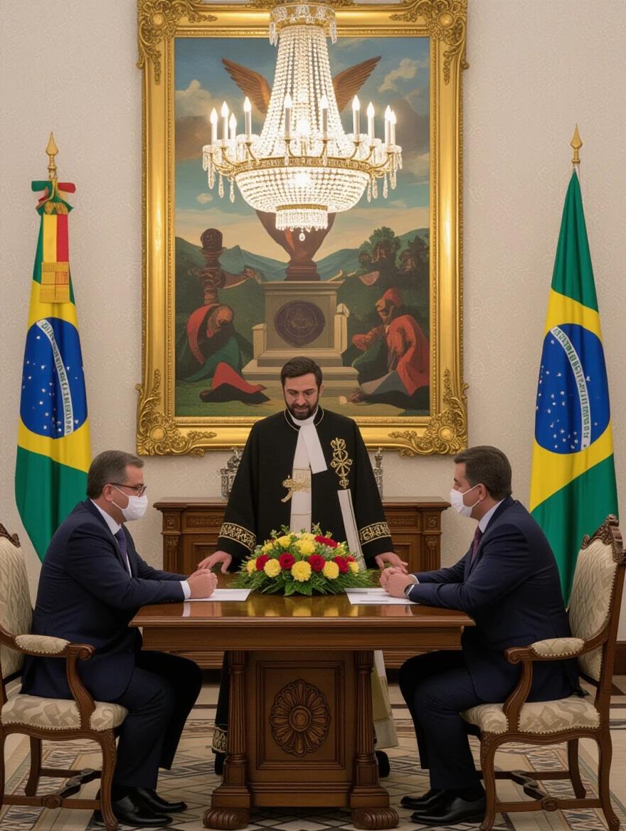 Meeting between political leaders in a formal setting. Flags of Brazil displayed prominently. A judge stands between two seated officials at a table. Elegant chandelier illuminates the room. Richly decorated background with a painting. Atmosphere of negotiation and governance. Presentation of authority and justice.