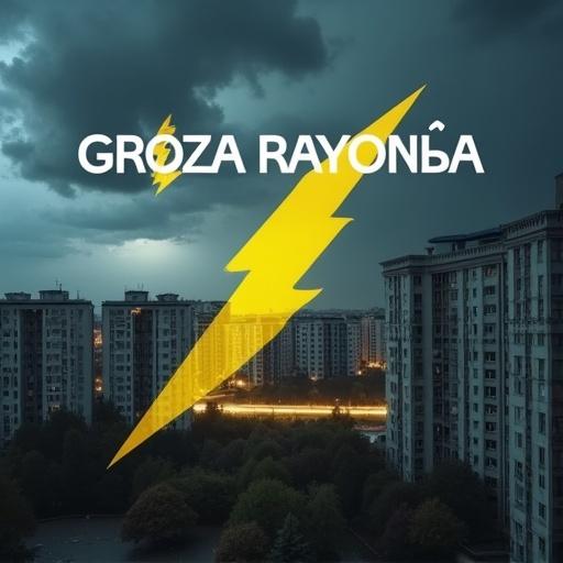 A realistic photo from a rooftop overlooks Soviet-era panel buildings. The sky is dark with storm clouds, creating a dramatic atmosphere. Large white text at the top reads 'groza rayona'. The letter 'Z' is yellow, styled as a lightning bolt, emphasizing the stormy theme.