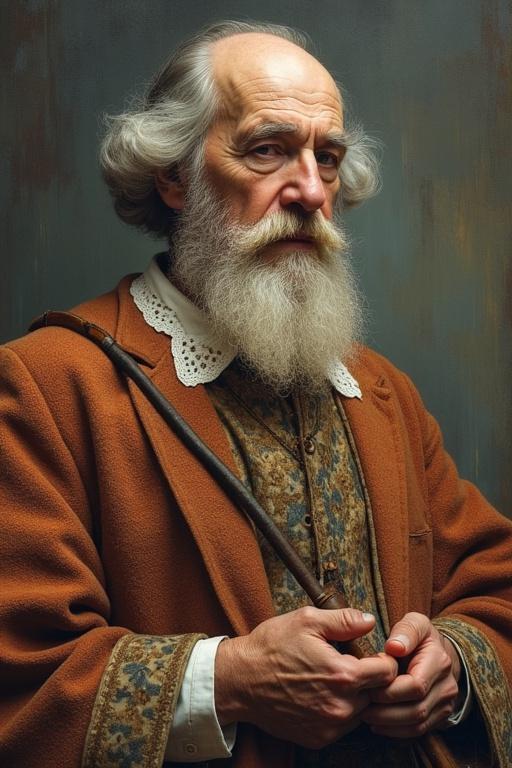 Portrait of an elderly man wearing traditional clothing. He holds a cane with both hands. Facial features are blurred. Background includes a textured gray wall. Soft diffused lighting is used to enhance the details of the attire.