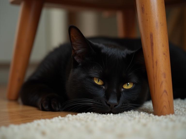 A black cat lying down under a wooden chair on a light-colored rug. The cat appears relaxed and sleepy with yellow eyes staring forward.