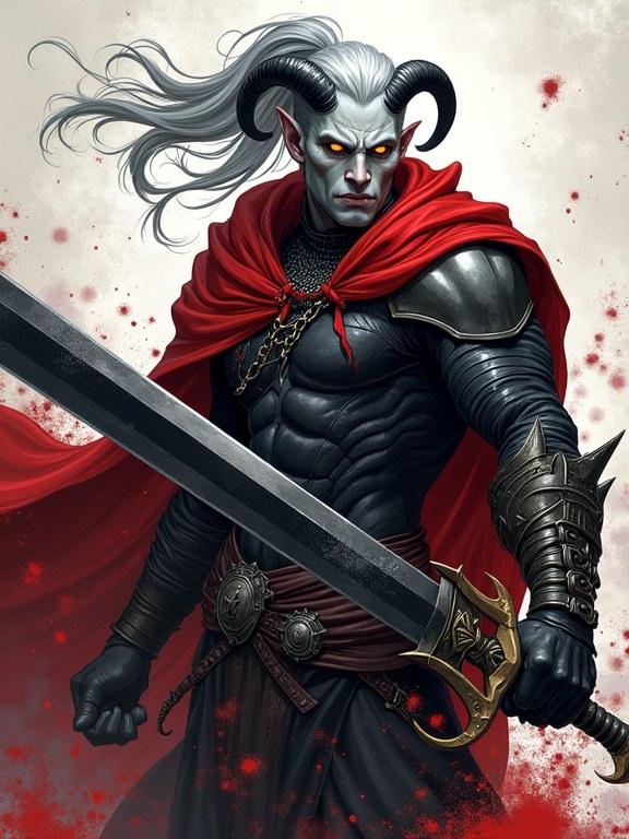 Anime-style digital illustration of a tall male tiefling with ash-gray skin and amber glowing eyes. Long silver hair in a high ponytail, sleek black curved horns. Wielding a black longsword in a dynamic action pose. Wearing a chainmail shirt and a flowing red cloak with blood splashing around. Comic textures and thick outlines used for stylization.