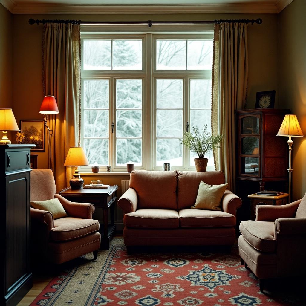 The image features a vintage room filled with retro decor. The space includes a comfortable sofa and armchairs arranged around a coffee table. A large window reveals a snowy scene outside, creating a serene winter atmosphere. Soft lighting from lamps gives a warm glow, enhancing the coziness of the room. The color palette consists of warm tones, which further complement the inviting feel of this living space.