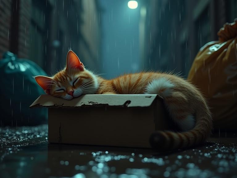 Sad dirty street cat sleeping in cardboard box. Surrounded by trash bags in rainy dimly lit alley at night. Pixar 3D style with cinematic lighting.