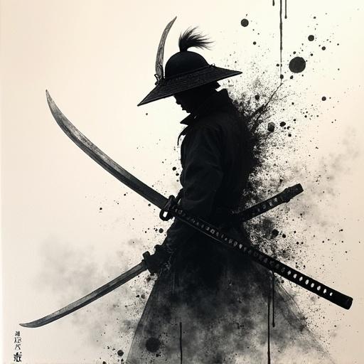 Ink splash art features a silhouette of a samurai in a training pose with a katana. The style draws inspiration from traditional Japanese ink painting techniques. The artwork is predominantly monochromatic, emphasizing the elegance and strength of the samurai. Flashes of ink splatter enhance the dynamic feel while forming the backdrop.