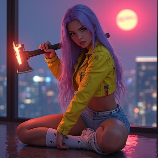 Detailed CGI render of a young woman with long lavender hair. She wears a reflective yellow crop jacket and sport shorts. Fire axe held in both hands. Sinister smile on her face. Stretching in front of a large window offering a night city view. Blood-red moon visible. Dim and cinematic light enhances the atmosphere.