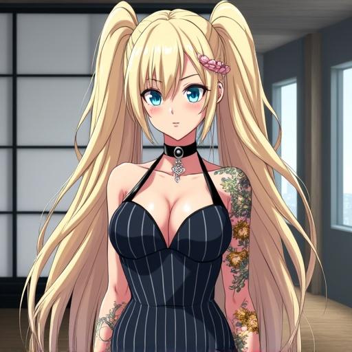 A woman with frosted blue eyes and large light blonde curly pigtails wearing a pinstriped office dress. She has a royal look with piercings and colorful tattoos revealing her half Japanese half Saiyan heritage. The setting is a modern Kamakiri Industries building with a tatami room. It is noon, and the scene feels bright and vibrant.