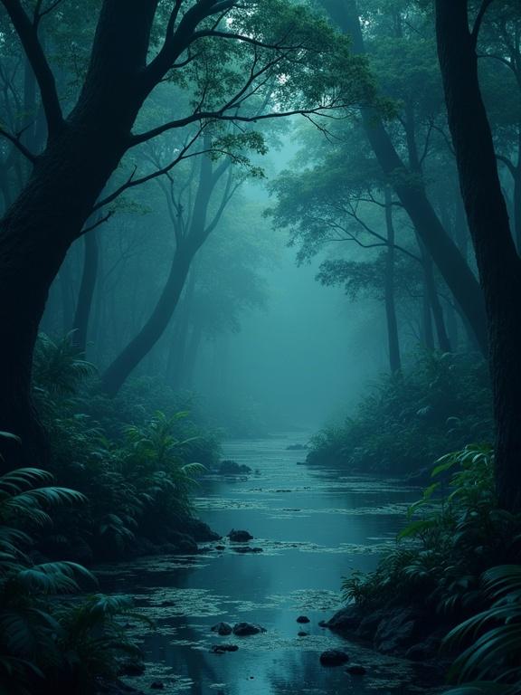 Wallpaper style image for a medium sized phone showing a dark miry tropical swamp. The image is 2D, contains no vegetation, people, or animals. Focus on the empty top and dense ambiance reminiscent of Studio Ghibli.