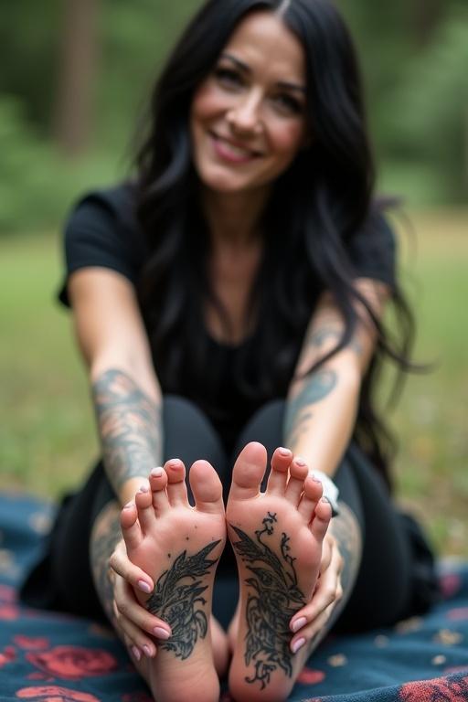 Mature goth woman with long black hair shows tattooed soles. She sits outdoors on a blanket. Feet are in focus with tattoos. Woman is smiling.