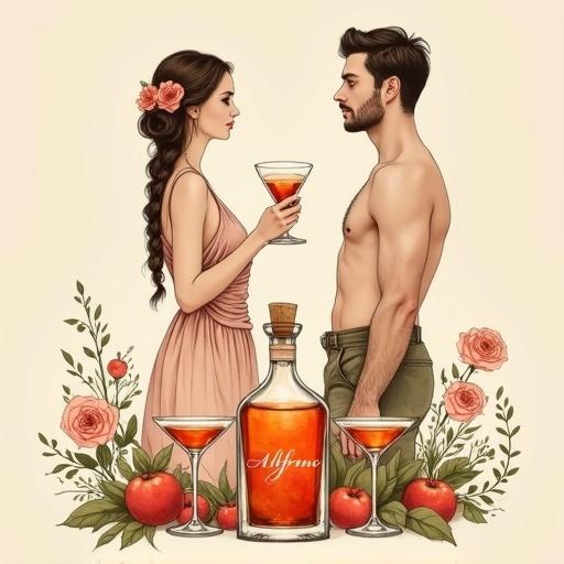 Minimalist watercolor painting in an apple orchard. A man toasts with a cocktail glass to his topless partner. She has a flower in her hair, wearing a silky boho blouse and wrap skirt. Hair braided in a bun. Near her, a glowing apothecary bottle with the name 'ALFRUNO.' Two cocktail glasses beside the bottle, surrounded by roses and greenery.