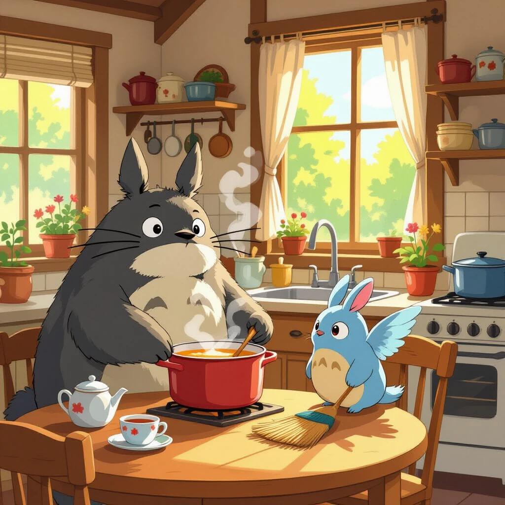 Cozy wooden kitchen scene with a furry beast stirring soup. Smaller winged creature sweeps the floor. Warm sunlight streams in. Teacups on the table. Soft painterly colors in a Studio Ghibli style inspired by Spirited Away and My Neighbor Totoro.